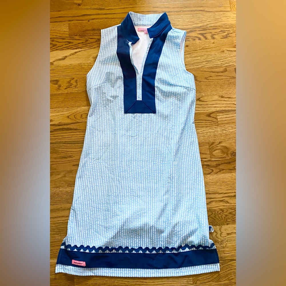 Simply Southern Blue Pinstripes Trimmed In Navy Dress